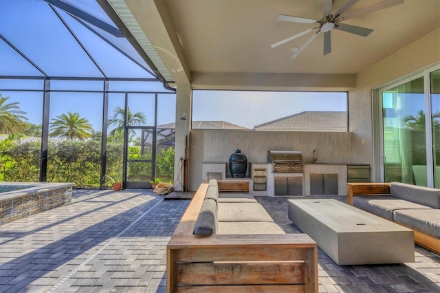 8209 Redonda Loop, Lakewood Ranch, FL 34202 - view of patio / terrace with an outdoor kitchen, an outdoor living space, ceiling fan, and a lanai