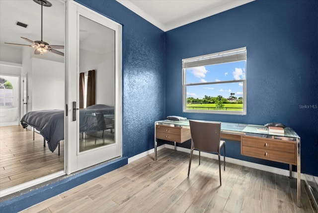 6805 225th St E, Bradenton, FL 34211 - office featuring a textured wall, wood finished floors, ceiling fan, and ornamental molding