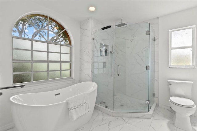 6805 225th St E, Bradenton, FL 34211 - full bath featuring a marble finish shower, a soaking tub, marble look tile flooring, and healthy amount of natural light
