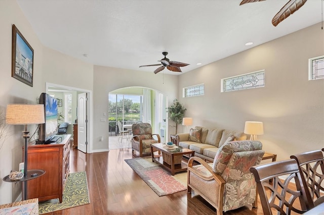 2025 Lynx Run, North Port, FL 34288 - living room with ceiling fan, arched walkways, hardwood / wood-style floors, and recessed lighting