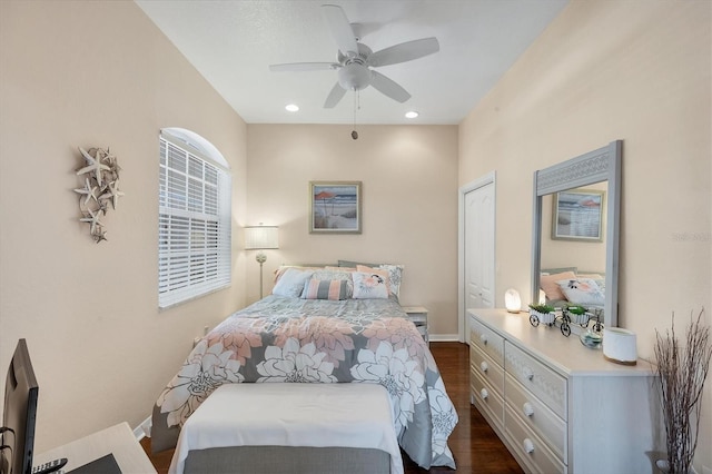 2025 Lynx Run, North Port, FL 34288 - bedroom with dark wood finished floors, a ceiling fan, and recessed lighting