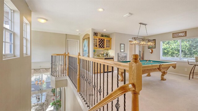 7915 Kavanagh Ct, Sarasota, FL 34240 - rec room with billiards table, carpet floors, recessed lighting, and a bar