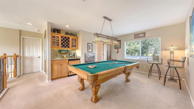 7915 Kavanagh Ct, Sarasota, FL 34240 - game room featuring bar with sink, light colored carpet, pool table, and recessed lighting