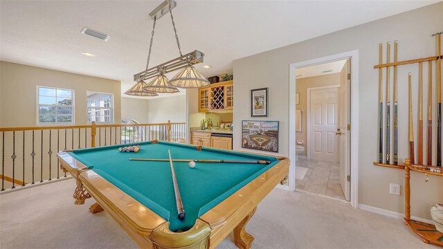 7915 Kavanagh Ct, Sarasota, FL 34240 - recreation room featuring light colored carpet, billiards table, bar area, and recessed lighting