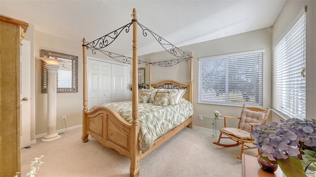 7915 Kavanagh Ct, Sarasota, FL 34240 - bedroom with light carpet, a closet, and a textured ceiling