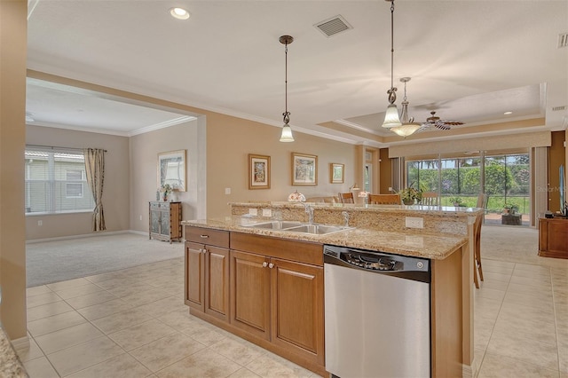 6214 45th Ln E, Bradenton, FL 34203 - kitchen featuring stainless steel dishwasher, light tile patterned floors, open floor plan, crown molding, and recessed lighting