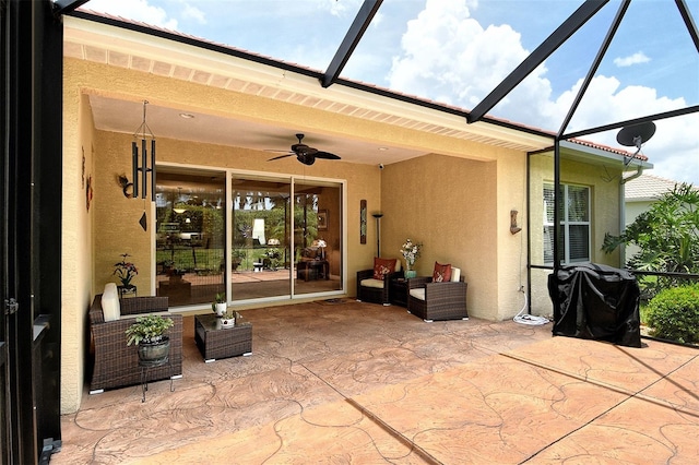 6214 45th Ln E, Bradenton, FL 34203 - view of patio / terrace featuring area for grilling, a ceiling fan, and a lanai
