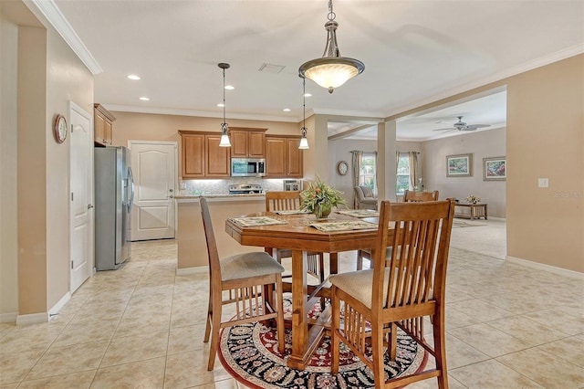 6214 45th Ln E, Bradenton, FL 34203 - dining area featuring ornamental molding, light tile patterned floors, recessed lighting, and ceiling fan