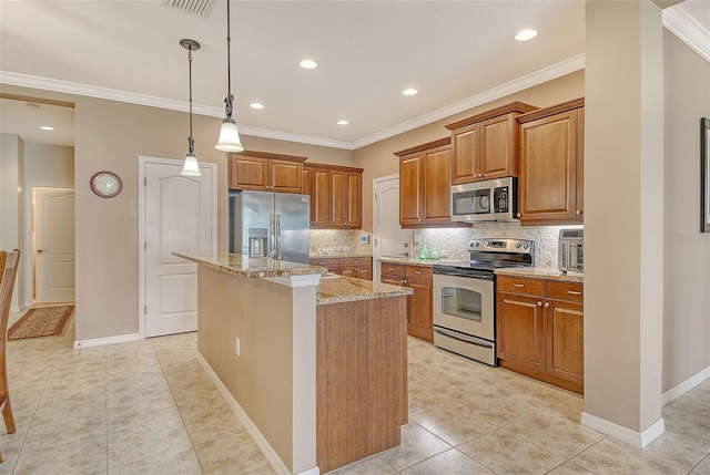 6214 45th Ln E, Bradenton, FL 34203 - kitchen featuring appliances with stainless steel finishes, light stone counters, brown cabinets, tasteful backsplash, and ornamental molding