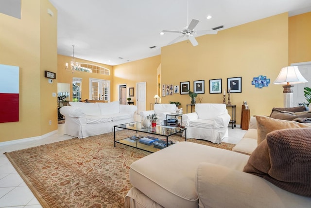 4374 Mirabella Cir, Bradenton, FL 34210 - tiled living area with a towering ceiling, ceiling fan, a chandelier, and recessed lighting