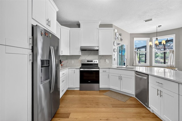 13640 2nd Ave E, Bradenton, FL 34212 - kitchen with appliances with stainless steel finishes, ventilation hood, light countertops, a textured ceiling, and white cabinetry
