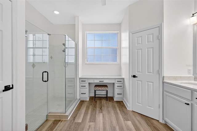 13640 2nd Ave E, Bradenton, FL 34212 - bathroom with wood finished floors, a shower stall, and vanity