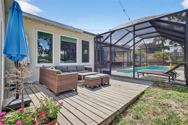13640 2nd Ave E, Bradenton, FL 34212 - wooden terrace with outdoor lounge area and glass enclosure