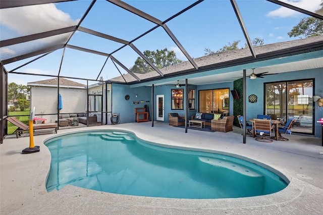 13640 2nd Ave E, Bradenton, FL 34212 - swimming pool featuring an outdoor living space, a patio area, a ceiling fan, and glass enclosure