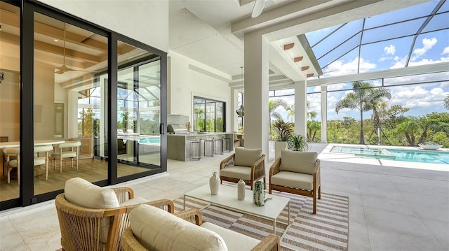 15315 Anchorage Pl, Lakewood Ranch, FL 34202 - view of patio with exterior kitchen, ceiling fan, an outdoor pool, and an outdoor hangout area