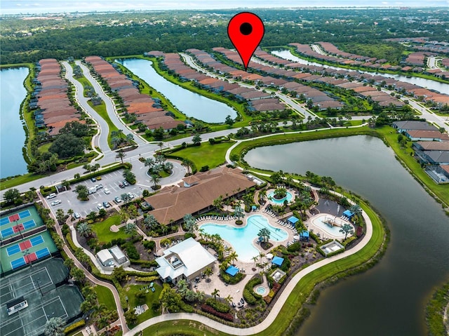 5364 Salcano St, Sarasota, FL 34238 - aerial view of property's location with a nearby body of water and a pool area
