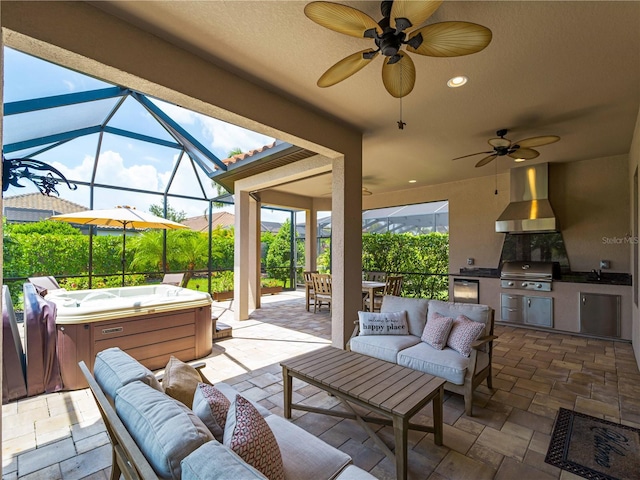 5364 Salcano St, Sarasota, FL 34238 - view of patio / terrace featuring a hot tub, an outdoor hangout area, area for grilling, a ceiling fan, and a lanai