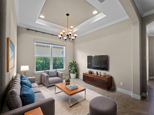 5364 Salcano St, Sarasota, FL 34238 - living area with ornamental molding, a chandelier, recessed lighting, arched walkways, and a tray ceiling