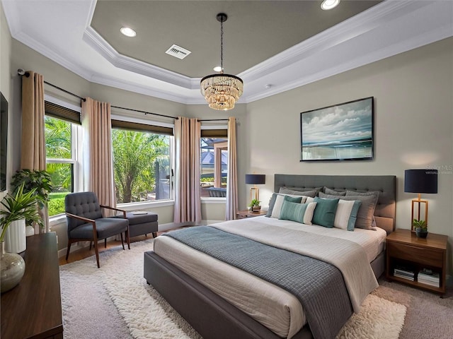 5364 Salcano St, Sarasota, FL 34238 - bedroom with crown molding, a chandelier, a tray ceiling, and recessed lighting