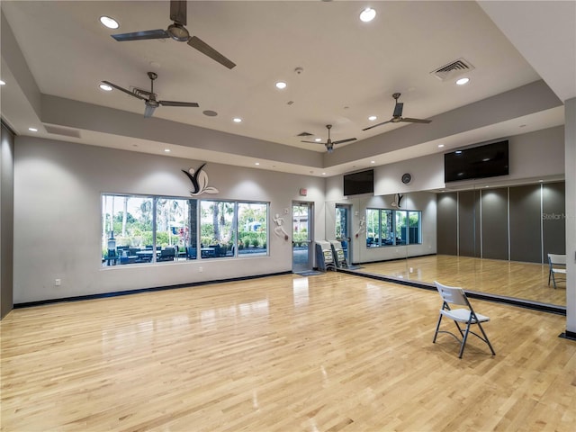 5364 Salcano St, Sarasota, FL 34238 - exercise room featuring recessed lighting, ceiling fan, wood finished floors, and healthy amount of natural light