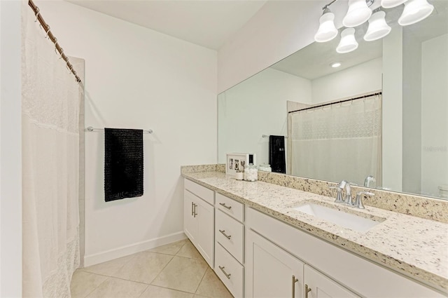 15164 Sunny Day Dr, Bradenton, FL 34211 - bathroom featuring double vanity, tile patterned floors, a chandelier, and a shower with shower curtain