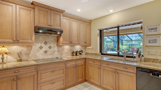 7426 Weeping Willow Blvd, Sarasota, FL 34241 - kitchen with dishwasher, black electric cooktop, under cabinet range hood, backsplash, and recessed lighting