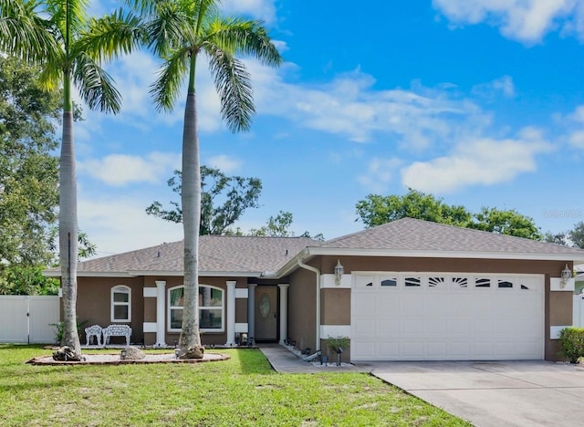 2761 Feiffer Cir, Sarasota, FL 34235 - ranch-style home with stucco siding, a garage, concrete driveway, and roof with shingles