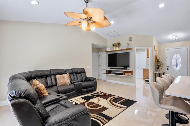 2761 Feiffer Cir, Sarasota, FL 34235 - living area with lofted ceiling, a ceiling fan, and recessed lighting