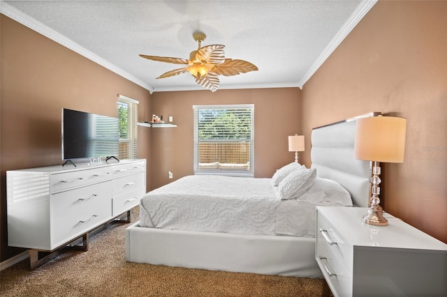 2761 Feiffer Cir, Sarasota, FL 34235 - carpeted bedroom with ornamental molding, a textured ceiling, and a ceiling fan