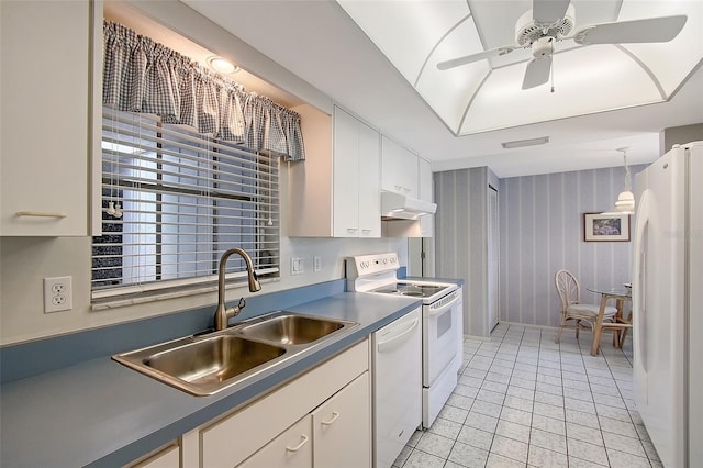 3641 Somerville Dr Unit 1506, Sarasota, FL 34232 - kitchen with white appliances, under cabinet range hood, light tile patterned flooring, white cabinetry, and a ceiling fan