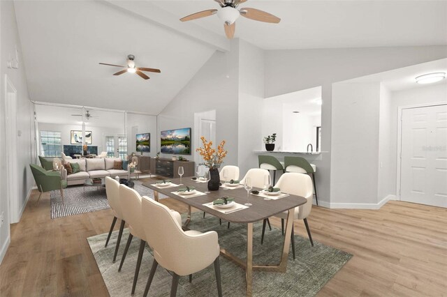 4333 Trails Dr Unit 10-1, Sarasota, FL 34232 - dining room with ceiling fan, high vaulted ceiling, wood finished floors, and beamed ceiling