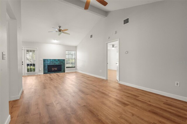 4333 Trails Dr Unit 10-1, Sarasota, FL 34232 - unfurnished living room featuring a ceiling fan, beamed ceiling, healthy amount of natural light, light wood finished floors, and high vaulted ceiling