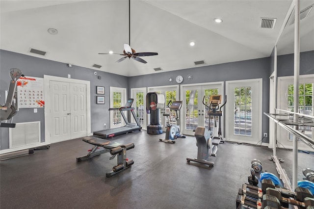 4333 Trails Dr Unit 10-1, Sarasota, FL 34232 - exercise room featuring ceiling fan, high vaulted ceiling, recessed lighting, and french doors
