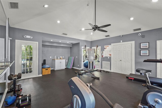 4333 Trails Dr Unit 10-1, Sarasota, FL 34232 - gym with lofted ceiling, ceiling fan, and recessed lighting