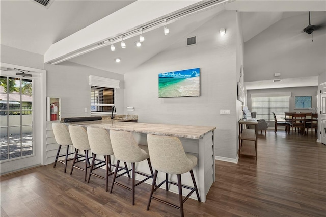 4333 Trails Dr Unit 10-1, Sarasota, FL 34232 - kitchen featuring dark wood-style floors, high vaulted ceiling, light stone counters, a peninsula, and a breakfast bar area