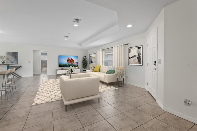 3362 Howell Pl, Sarasota, FL 34232 - living room with light tile patterned flooring, recessed lighting, and a raised ceiling
