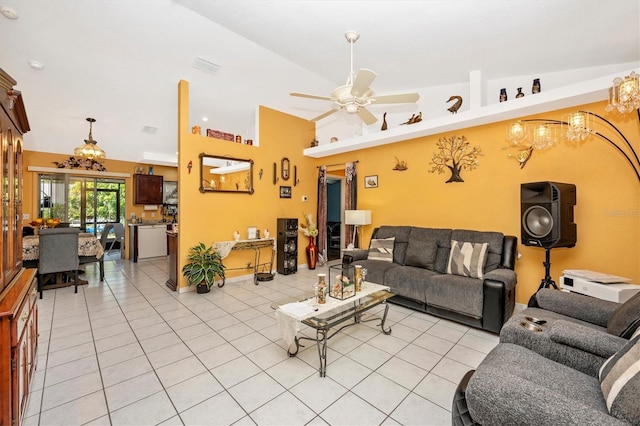 4145 W Price Blvd, North Port, FL 34286 - living room with light tile patterned flooring, a ceiling fan, and high vaulted ceiling