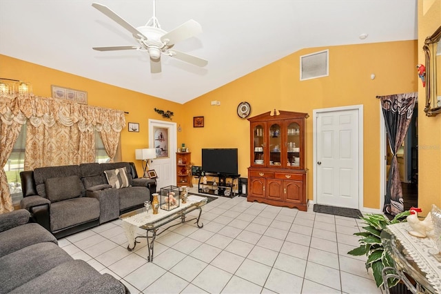 4145 W Price Blvd, North Port, FL 34286 - living area featuring vaulted ceiling, light tile patterned flooring, and ceiling fan