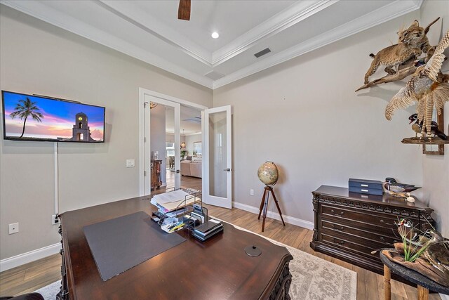 29527 Leah Rd, Punta Gorda, FL 33982 - office space featuring wood finished floors, ornamental molding, a ceiling fan, french doors, and recessed lighting