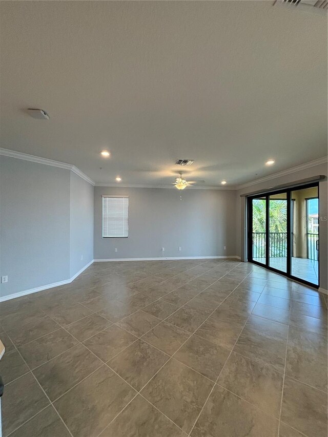 10054 Crooked Creek Dr Unit 201, Venice, FL 34293 - unfurnished room with ornamental molding, recessed lighting, dark tile patterned floors, and a ceiling fan