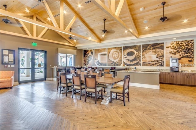 10054 Crooked Creek Dr Unit 201, Venice, FL 34293 - dining space with a wooden ceiling with exposed beams, high vaulted ceiling, and ceiling fan