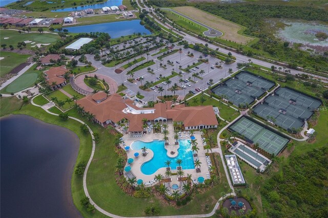 10054 Crooked Creek Dr Unit 201, Venice, FL 34293 - aerial overview of property's location featuring a pool area and a large body of water