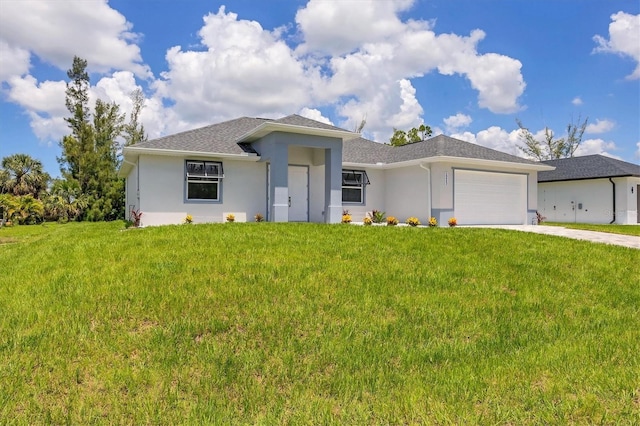 10443 Riverside Rd, Port Charlotte, FL 33981 - prairie-style house with stucco siding, a garage, driveway, and a front lawn