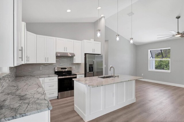 10443 Riverside Rd, Port Charlotte, FL 33981 - kitchen featuring stainless steel appliances, under cabinet range hood, tasteful backsplash, white cabinetry, and high vaulted ceiling