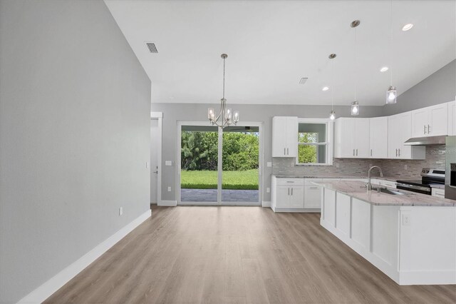10443 Riverside Rd, Port Charlotte, FL 33981 - kitchen with under cabinet range hood, stainless steel range with electric stovetop, a chandelier, tasteful backsplash, and lofted ceiling