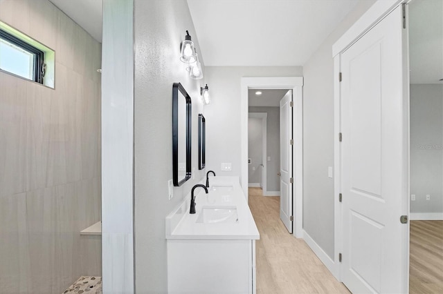 10443 Riverside Rd, Port Charlotte, FL 33981 - full bathroom with double vanity, walk in shower, and wood finished floors