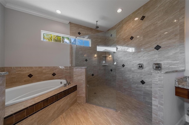 14901 17th Ave E, Bradenton, FL 34212 - full bathroom with a garden tub, a tile shower, and crown molding