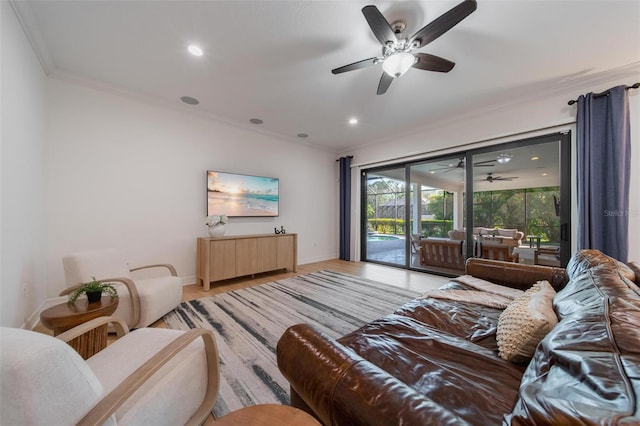 14901 17th Ave E, Bradenton, FL 34212 - living room featuring ornamental molding, ceiling fan, light wood finished floors, and recessed lighting