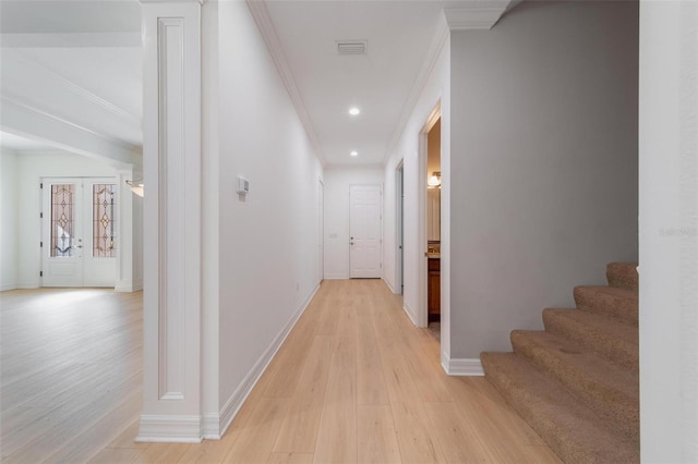 14901 17th Ave E, Bradenton, FL 34212 - hall featuring crown molding, light wood-type flooring, stairs, and recessed lighting