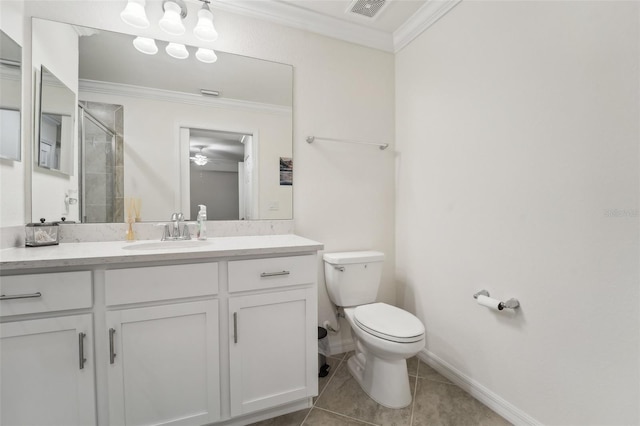 850 Tidewater Shores Loop Unit 102, Bradenton, FL 34208 - bathroom with a tile shower, vanity, crown molding, tile patterned floors, and ceiling fan